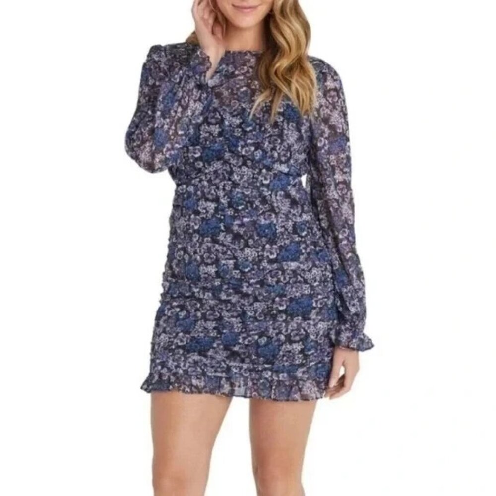 VICI Exclusive x FATE Purple/Blue Floral Ruched Shirred L/S Dress XL NWT